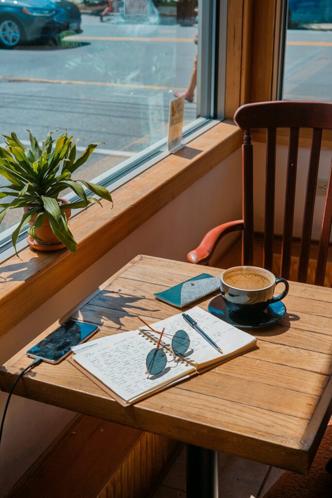 coffee, glasses, and writing pads, in a café.