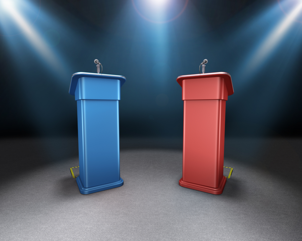 Podiums on a stage - one blue and the other red